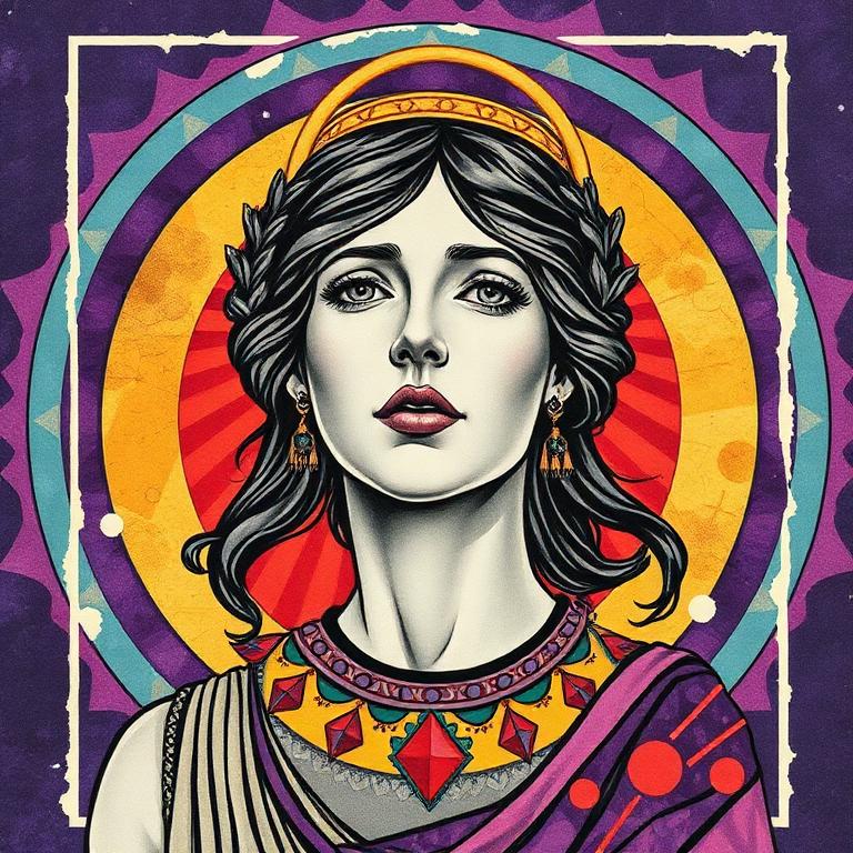 Artemis, Ancient Greece goddess, mosaic art nouveau portrait