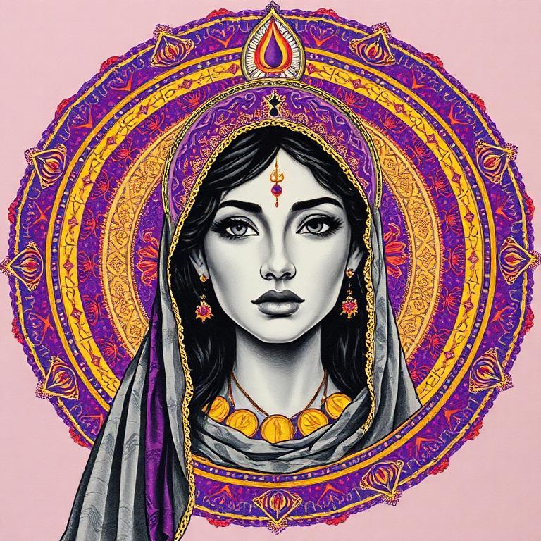 Ashi, Zoroastrian Iran goddess, mosaic art nouveau portrait