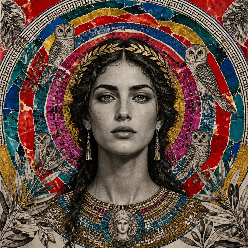 Athena, Greece goddess, mosaic art nouveau portrait
