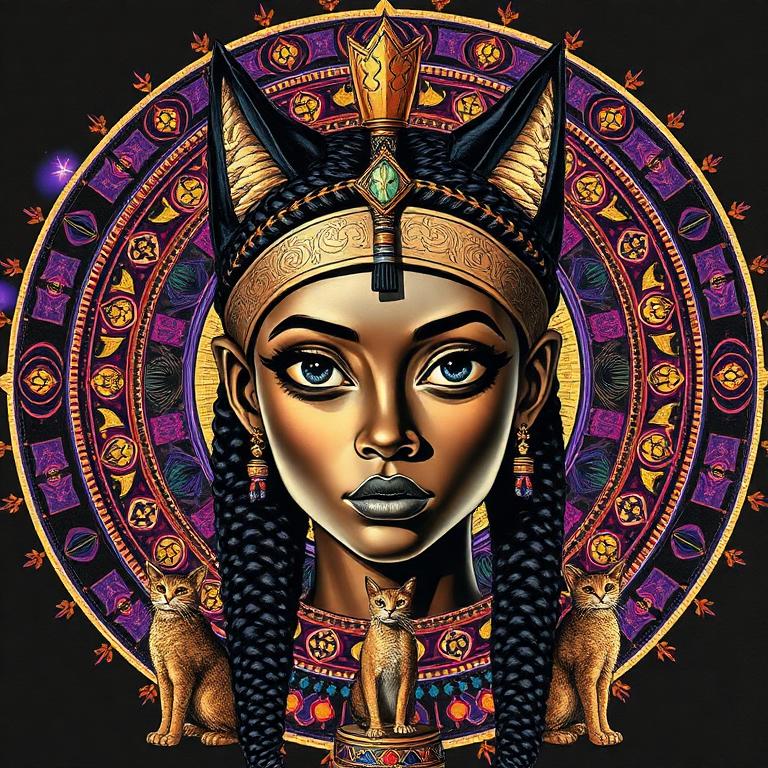 Bastet, Ancient Egypt goddess, mosaic art nouveau portrait