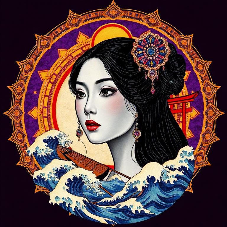 Benzaiten, Japanese goddess, mosaic art nouveau portrait