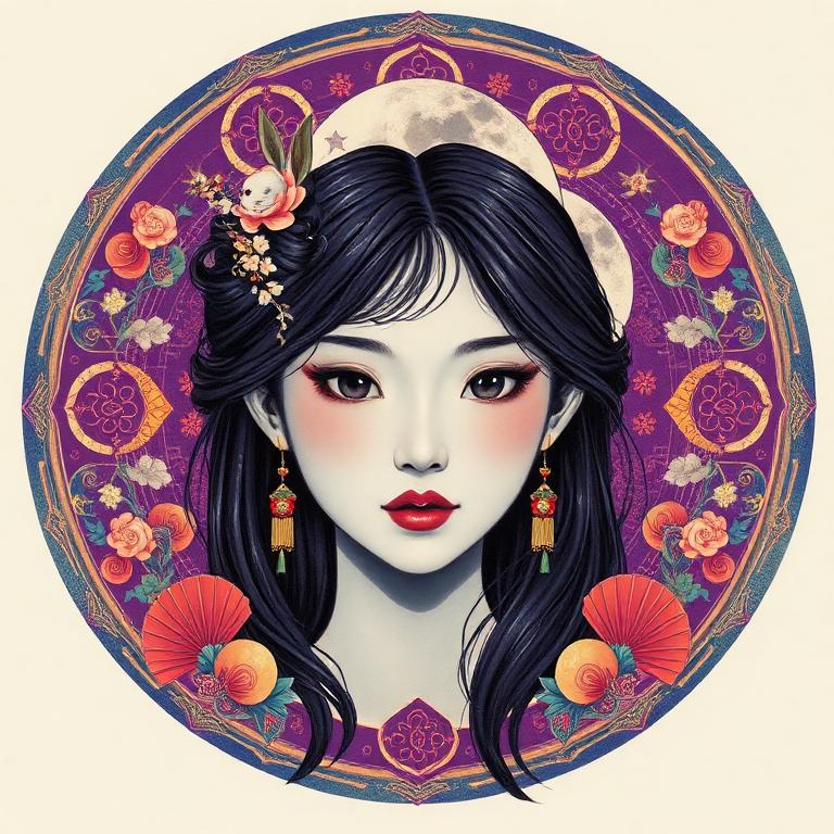 Chang'e, Chinese goddess, mosaic art nouveau portrait