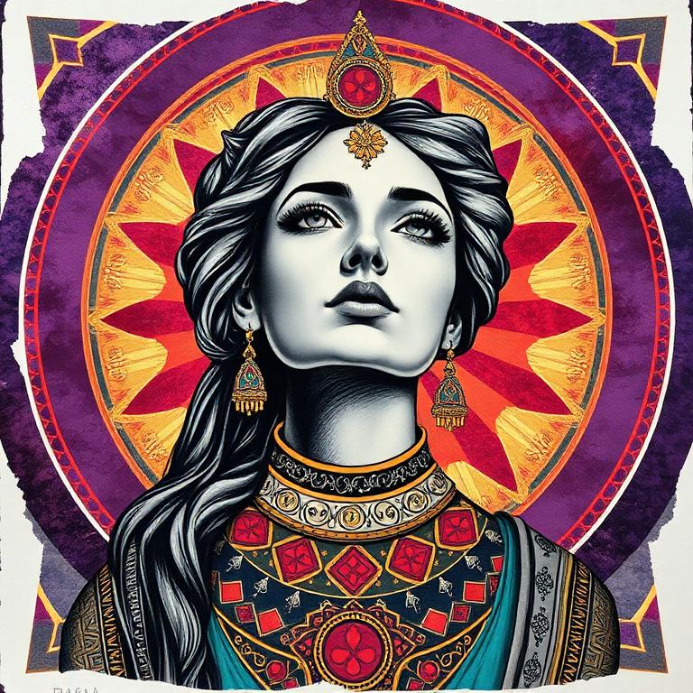 Daēnā, Persian (Zoroastrian) goddess, mosaic art nouveau portrait
