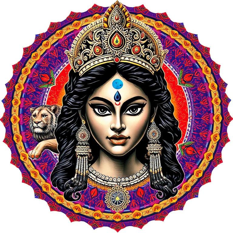 Durga, Hindu / South Asian goddess, mosaic art nouveau portrait