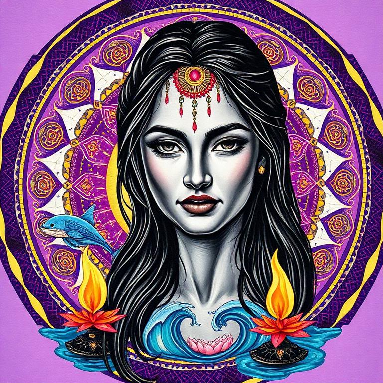 Ganga, Hindu / South Asian goddess, mosaic art nouveau portrait