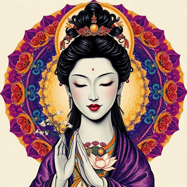 Guanyin, China goddess, mosaic art nouveau portrait