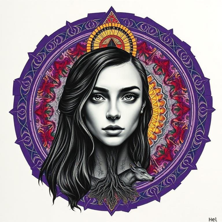 Hel, Norse goddess, mosaic art nouveau portrait