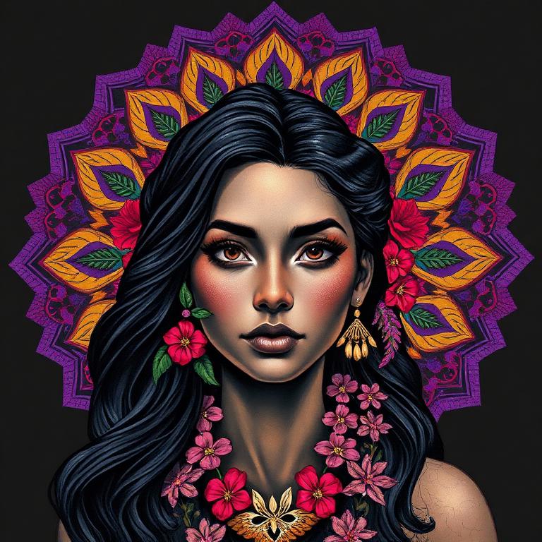 Hi'iaka, Hawaiian goddess, mosaic art nouveau portrait