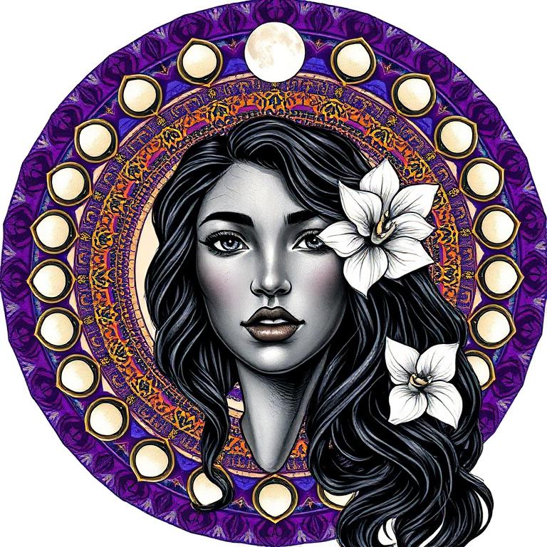 Hina, Polynesian goddess, mosaic art nouveau portrait