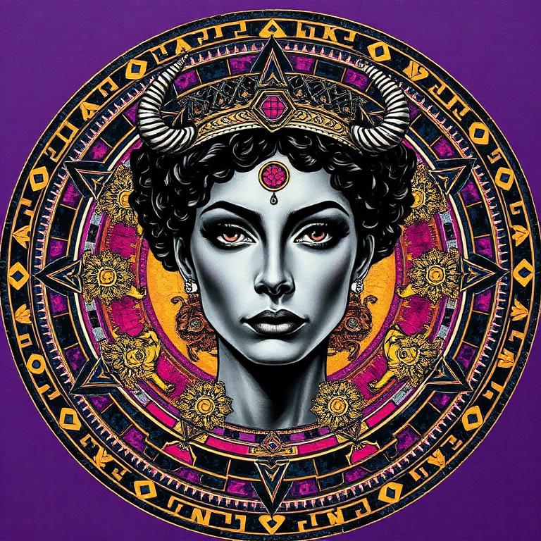 Inanna, Sumerian / Mesopotamian goddess, mosaic art nouveau portrait