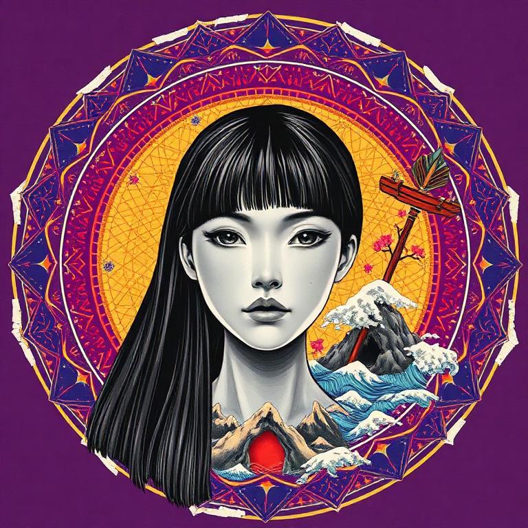 Izanami, Japanese goddess, mosaic art nouveau portrait