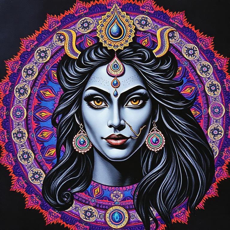 Kali, Hindu / South Asian goddess, mosaic art nouveau portrait
