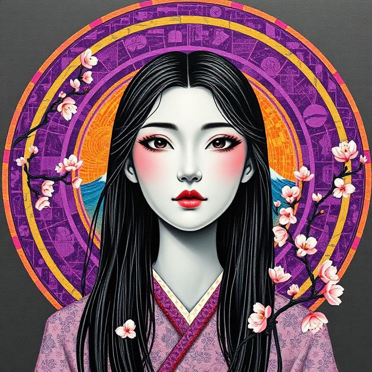 Konohanasakuya-hime, Japan goddess, mosaic art nouveau portrait