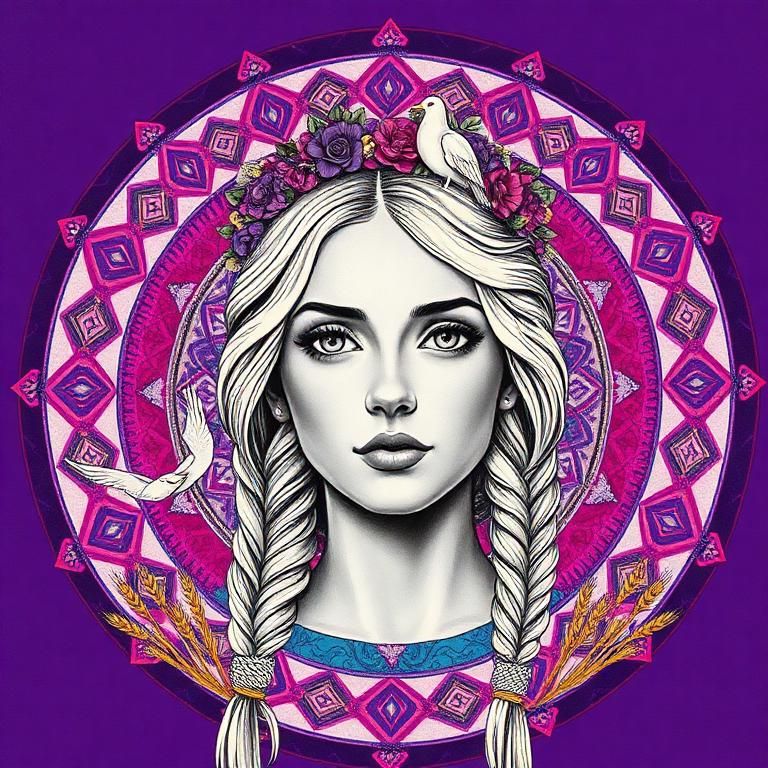 Lada, Slavic goddess, mosaic art nouveau portrait