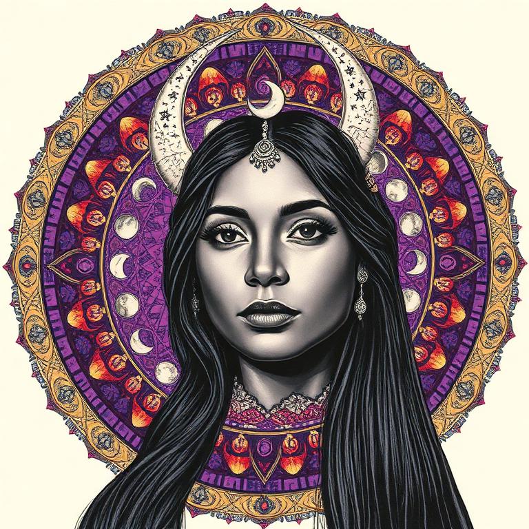 Mama Quilla, Inca / South America goddess, mosaic art nouveau portrait