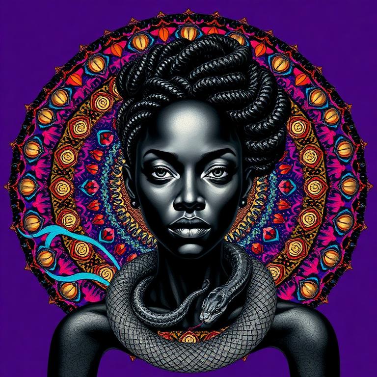 Mami Wata, West and Central Africa goddess, mosaic art nouveau portrait