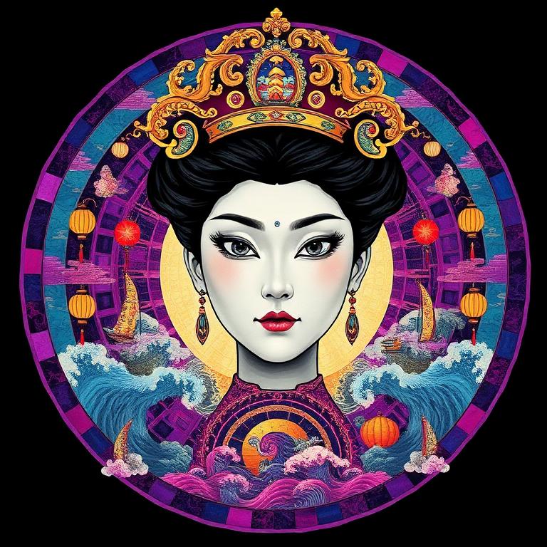 Mazu, Chinese goddess, mosaic art nouveau portrait