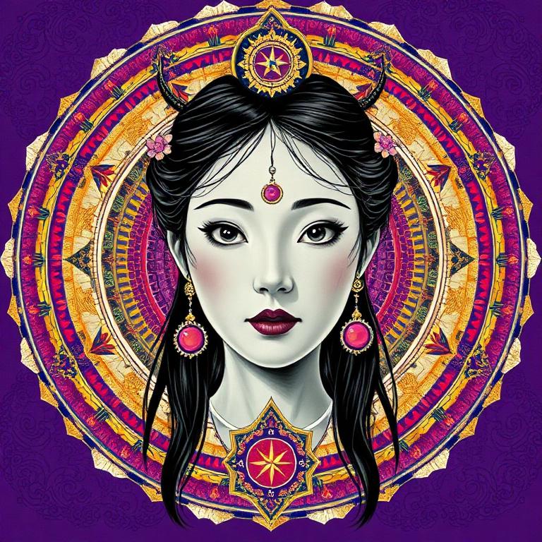 Nüwa, Chinese goddess, mosaic art nouveau portrait