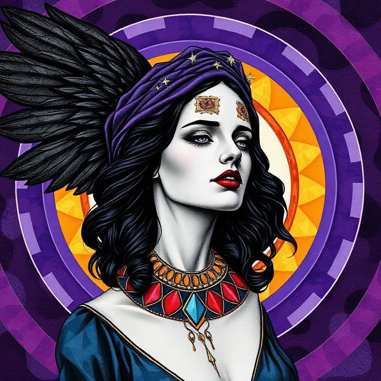 Nyx, Ancient Greece goddess, mosaic art nouveau portrait
