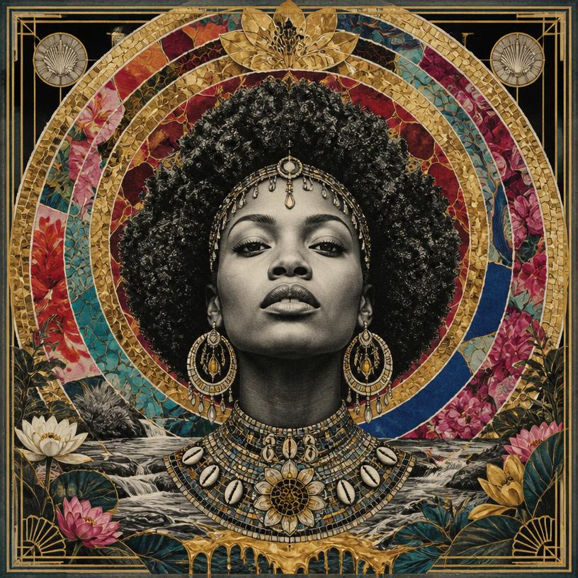 Oshun, Yorubaland / West Africa goddess, mosaic art nouveau portrait
