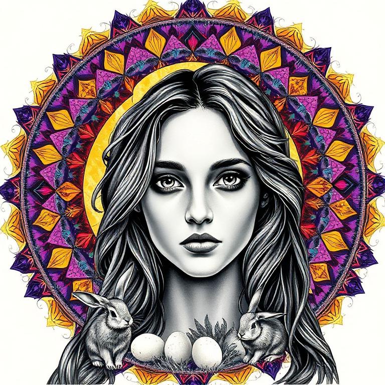 Ostara, Germany / Germanic goddess, mosaic art nouveau portrait