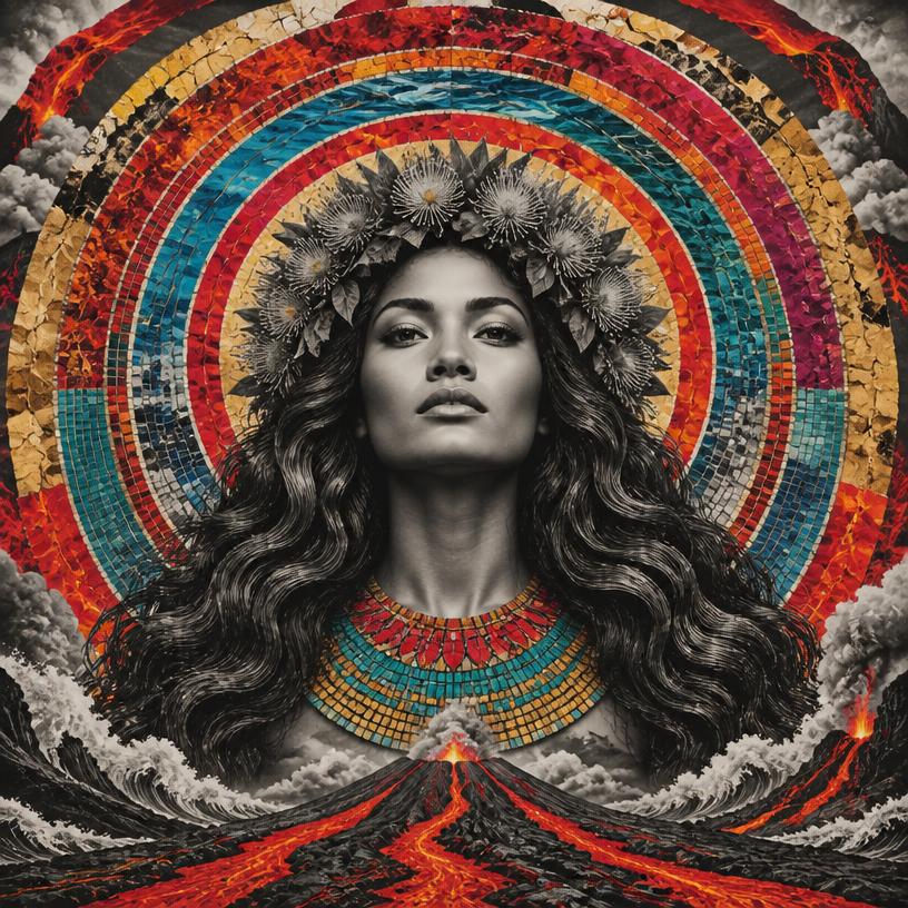 Pele, Hawai'i goddess, mosaic art nouveau portrait