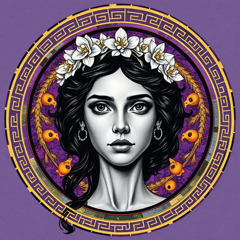 Persephone, Greek goddess, mosaic art nouveau portrait