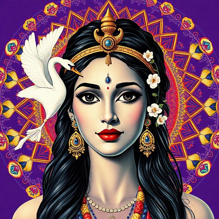 Saraswati, Hindu / South Asian goddess, mosaic art nouveau portrait