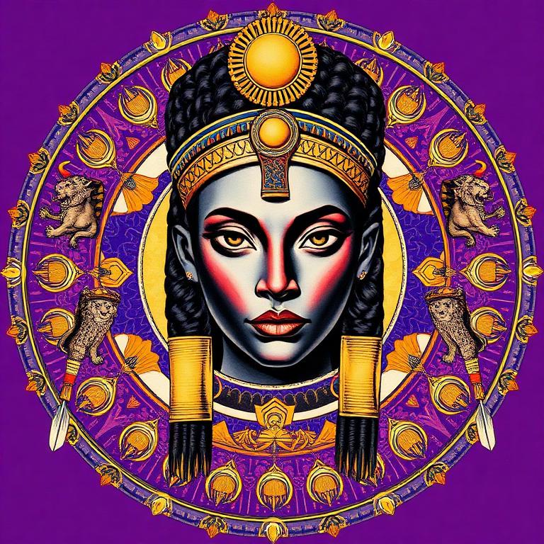 Sekhmet, Ancient Egypt goddess, mosaic art nouveau portrait