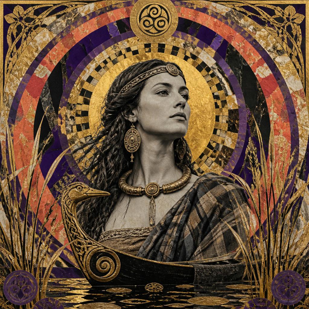 Sequana, France / Gaulish Celtic goddess, mosaic art nouveau portrait