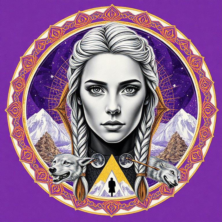 Skaði, Norse / Sámi-adjacent Scandinavian goddess, mosaic art nouveau portrait