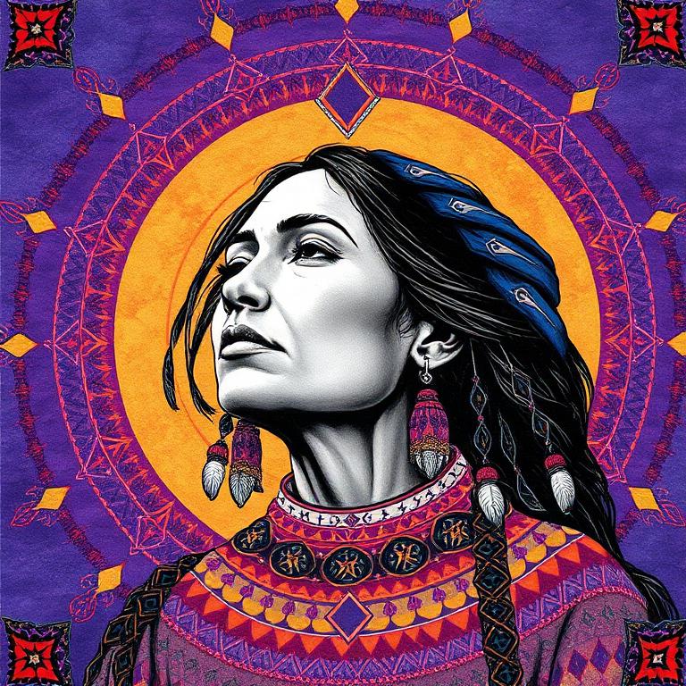 Sky Woman, Haudenosaunee (Iroquois) goddess, mosaic art nouveau portrait