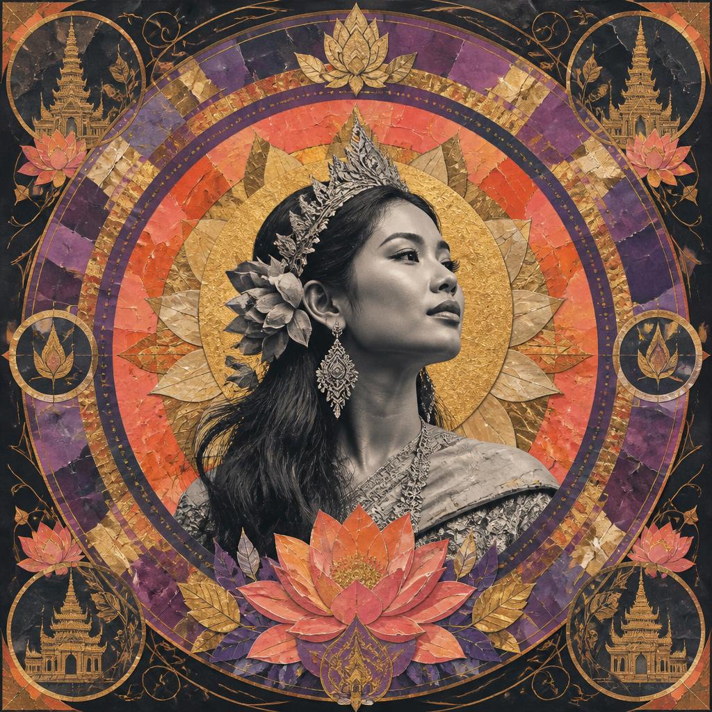 Phra Mae Thorani, Thailand goddess, mosaic art nouveau portrait