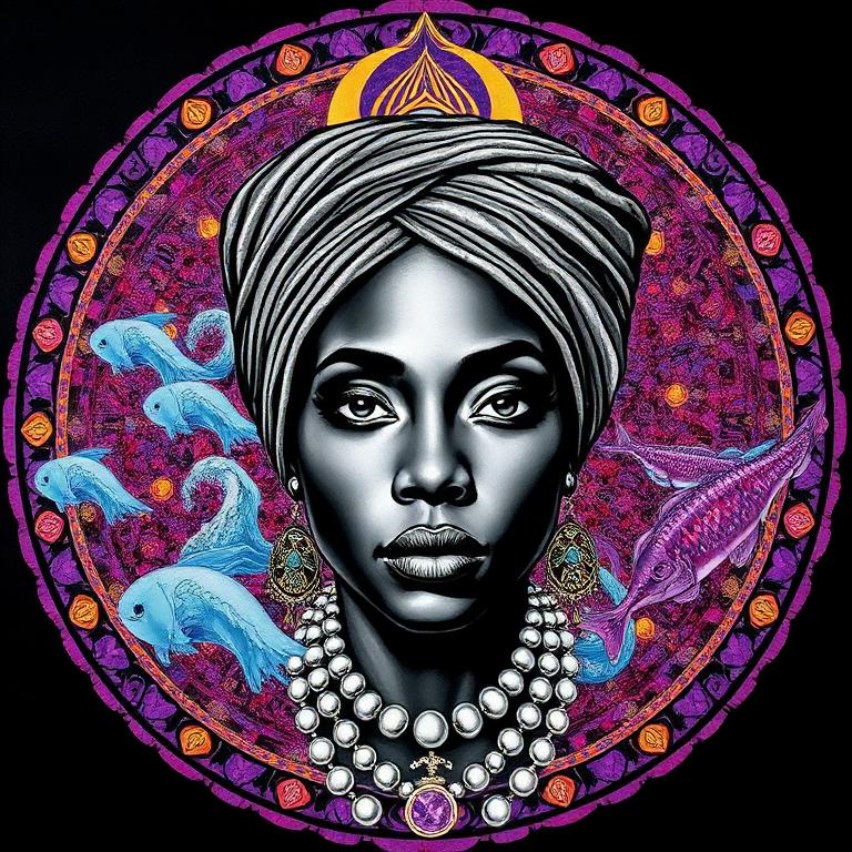 Yemayá, Caribbean / Afro-Cuban goddess, mosaic art nouveau portrait